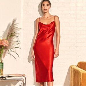 Bebe Red Silky Spaghetti Strap Cowl Neck Midi Slip Dress Medium